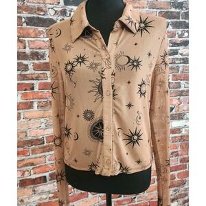 Rabbit Rose Womens XL Shirt Top Mesh Sheer Celestial Moon Stars Academia Y2K‎